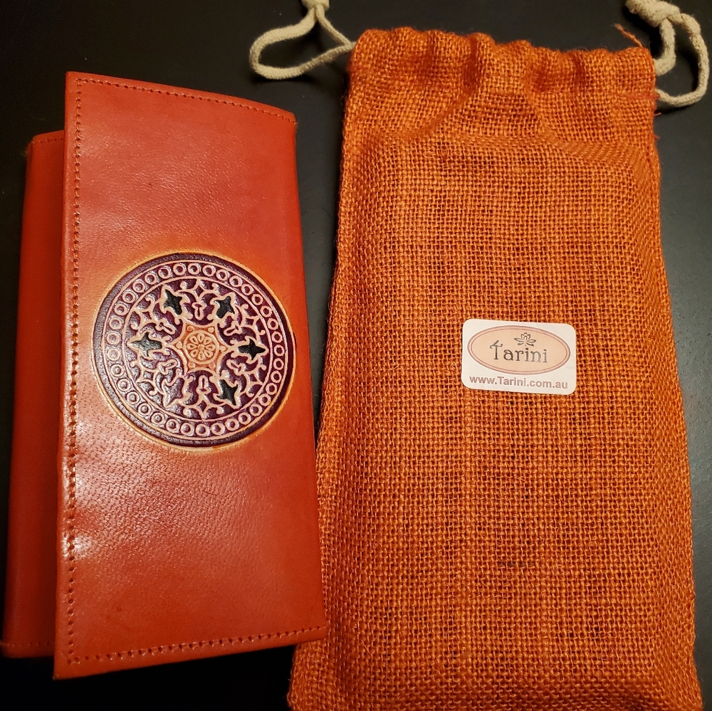 Tarini Womens Leather wallet Mandala, genuine leather hand painted (Orange)